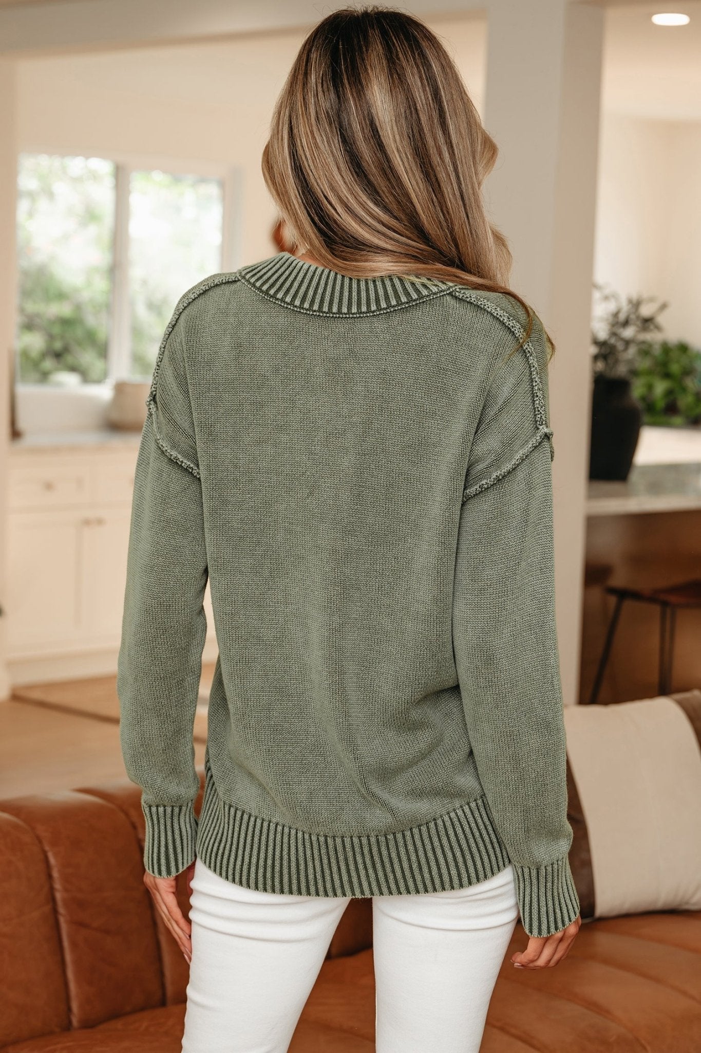 Mineral Wash Reverse Seam V-Neck Drop Shoulder Sweater - Rooted & Reckless Co.