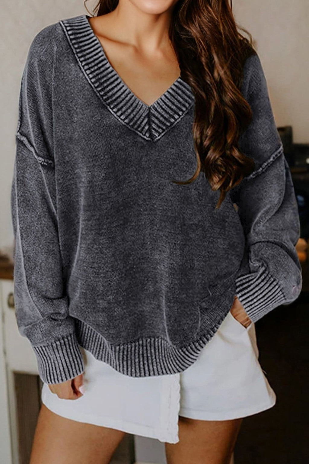Mineral Wash Reverse Seam V-Neck Drop Shoulder Sweater - Rooted & Reckless Co.