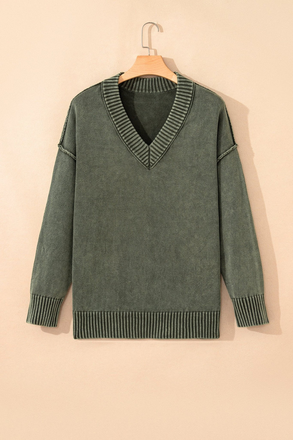 Mineral Wash Reverse Seam V-Neck Drop Shoulder Sweater - Rooted & Reckless Co.