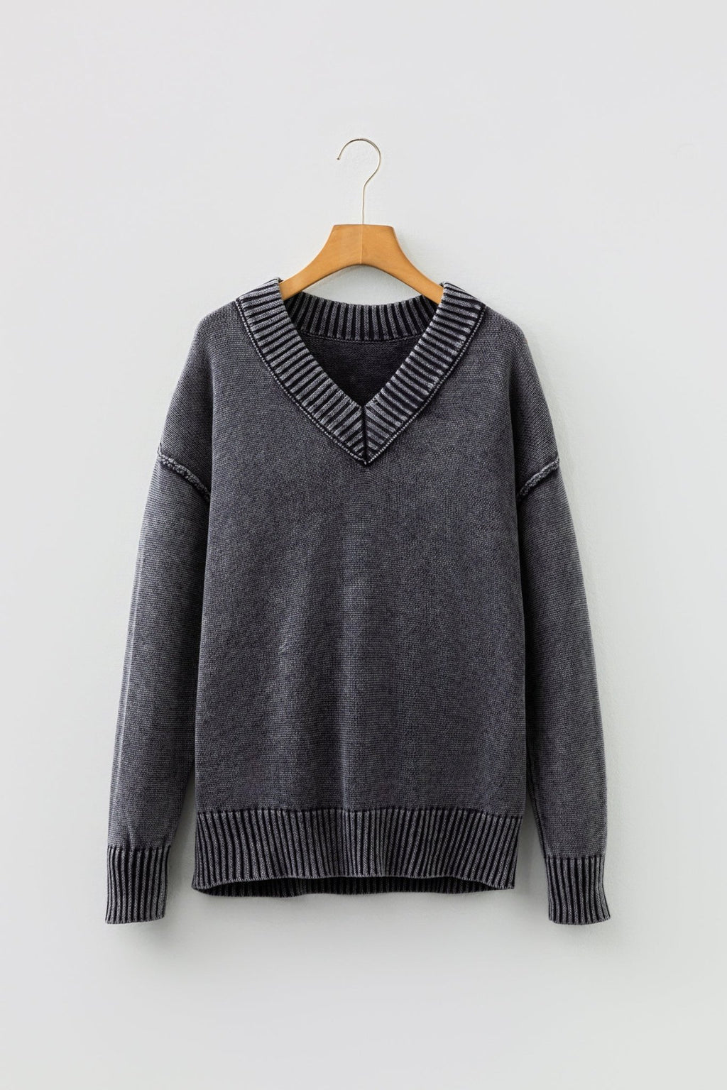 Mineral Wash Reverse Seam V-Neck Drop Shoulder Sweater - Rooted & Reckless Co.