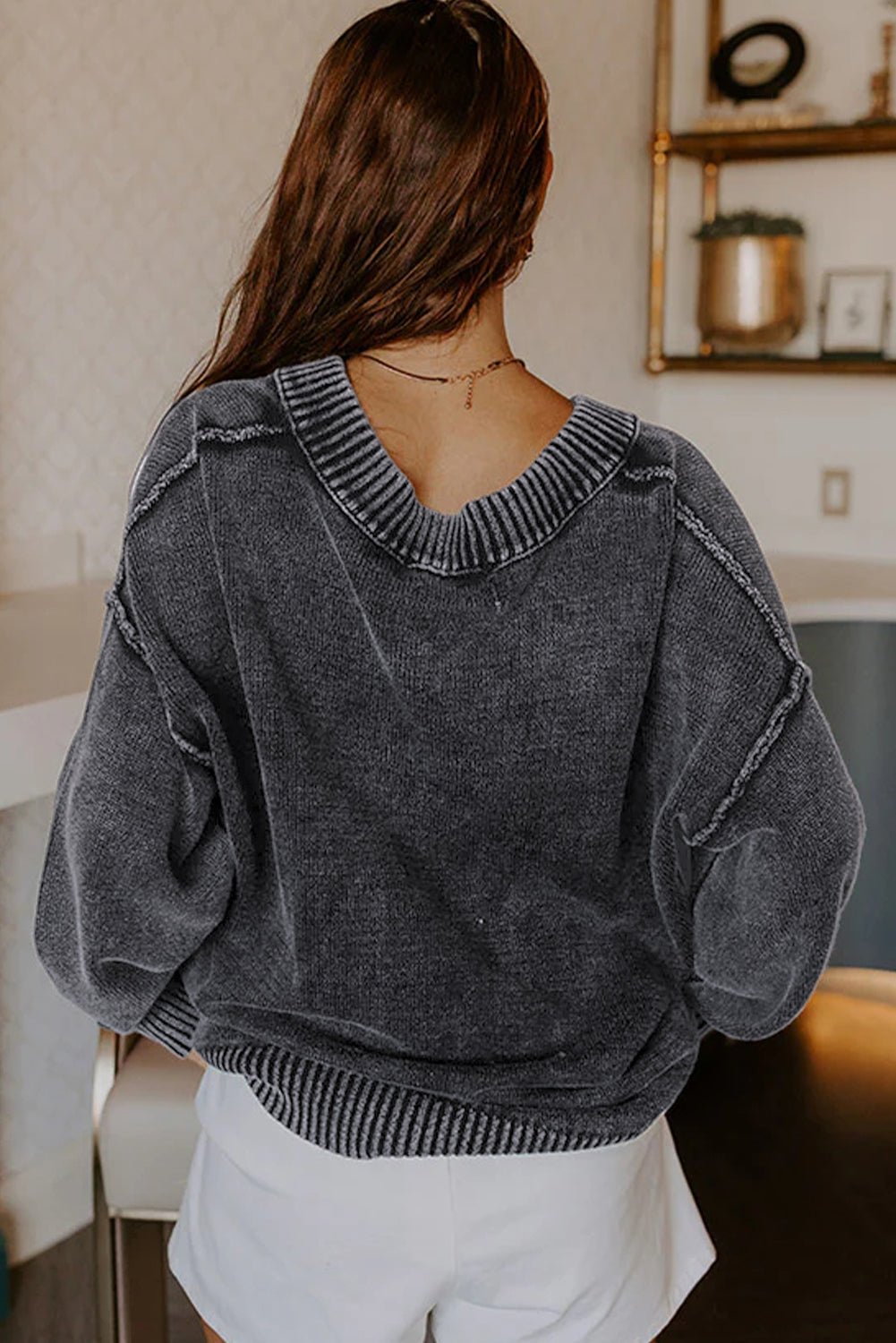 Mineral Wash Reverse Seam V-Neck Drop Shoulder Sweater - Rooted & Reckless Co.