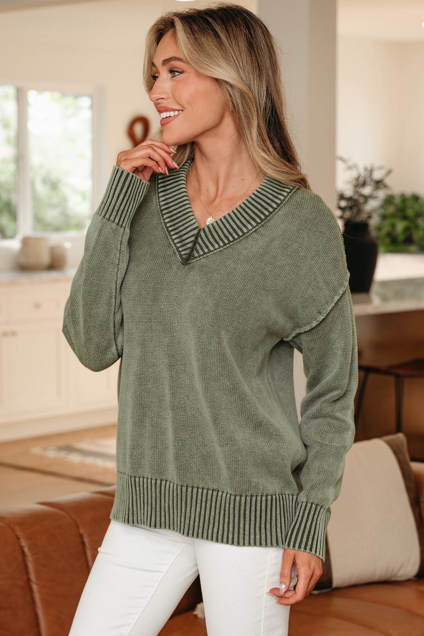 Mineral Wash Reverse Seam V-Neck Drop Shoulder Sweater - Rooted & Reckless Co.