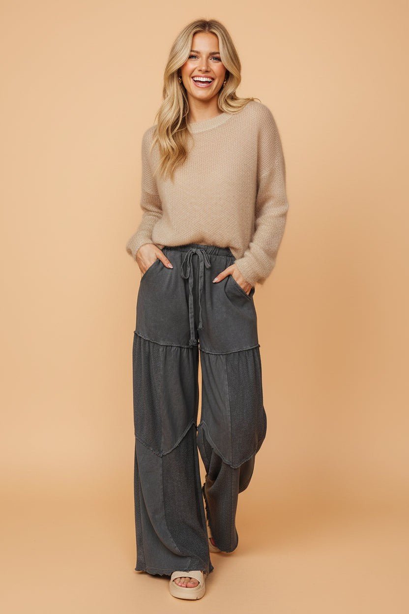 Mineral Wash Tiered Drawstring Wide Leg Pants - Rooted & Reckless Co.