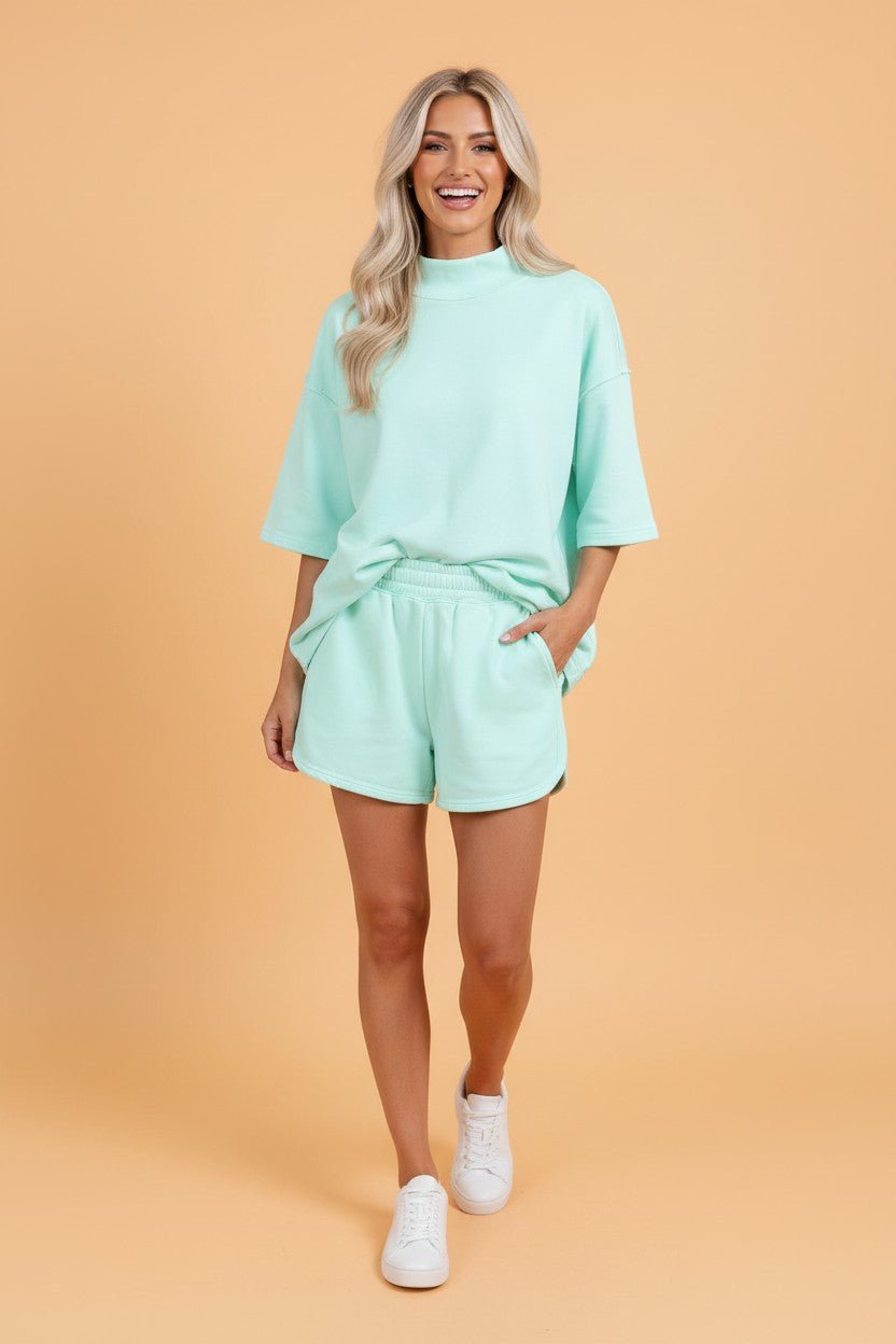 Mock Neck Exposed Seam Tunic Top & Shorts Set - Rooted & Reckless Co.