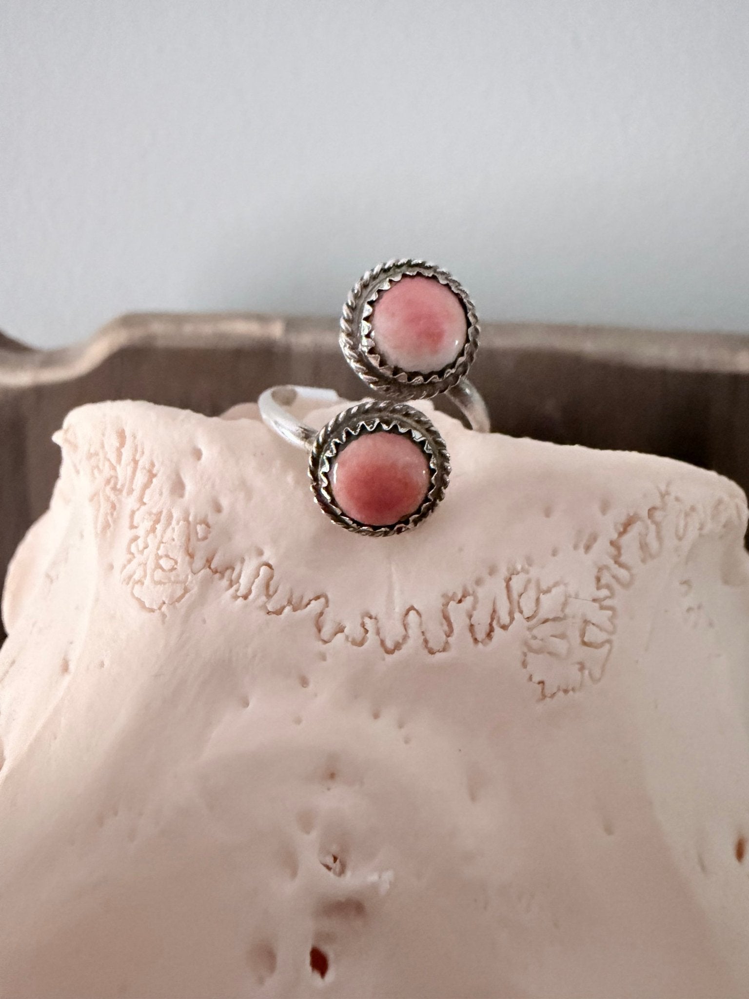 Navajo Made By Esther White Red Spiny Adjustable Band Ring - Rooted & Reckless Co.