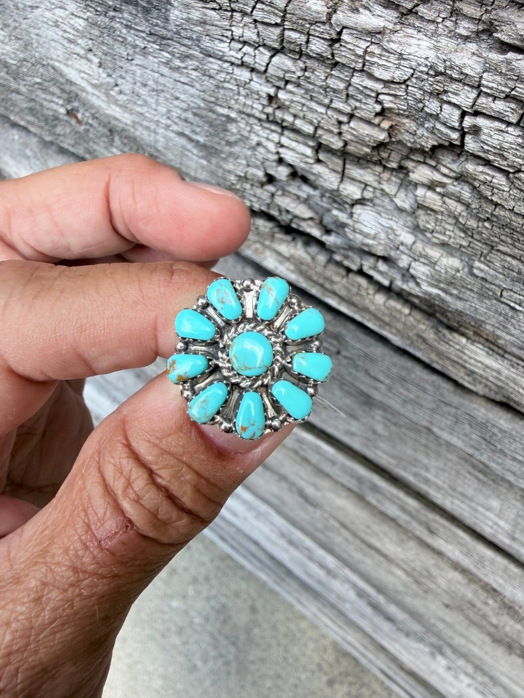 Navajo Made By Jason Benally Sleeping Beauty Flower Cluster Ring - Rooted & Reckless Co.