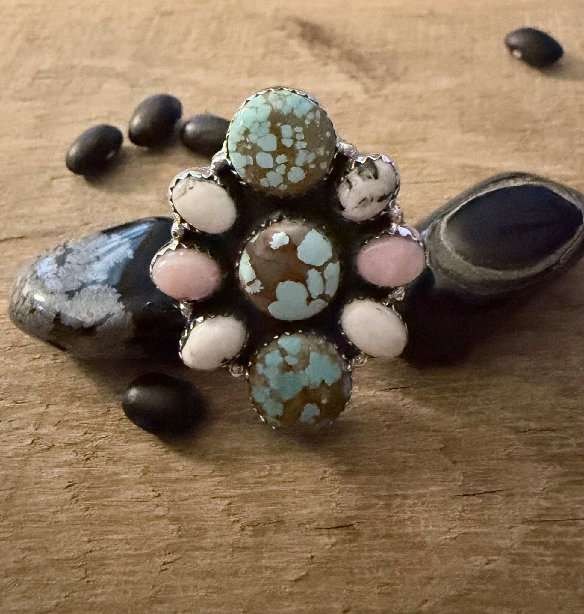 Number 8 Mine, Pink Opal and White Buffalo Cluster Ring - Rooted & Reckless Co.