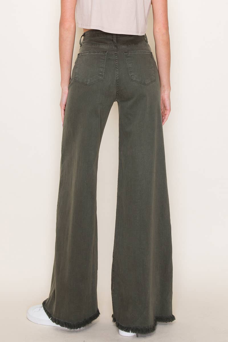 O2 Denim Front Seam Wide-Leg Western Jeans — Army Olive High-Waist Flare with Raw Hem (Made in USA) - Rooted & Reckless Co.