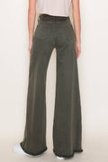 O2 Denim Front Seam Wide-Leg Western Jeans — Army Olive High-Waist Flare with Raw Hem (Made in USA) - Rooted & Reckless Co.