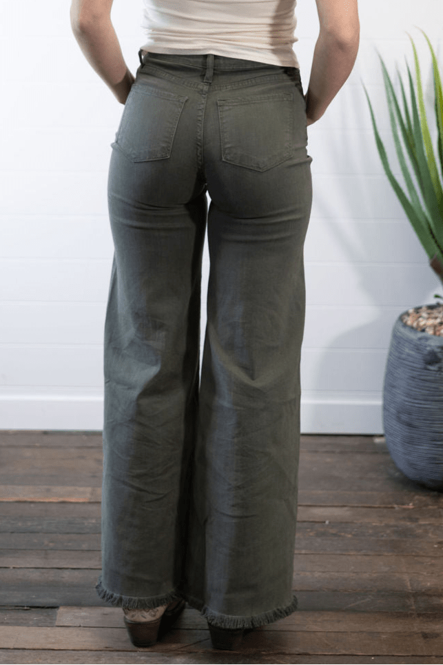 O2 Denim Front Seam Wide-Leg Western Jeans — Army Olive High-Waist Flare with Raw Hem (Made in USA) - Rooted & Reckless Co.