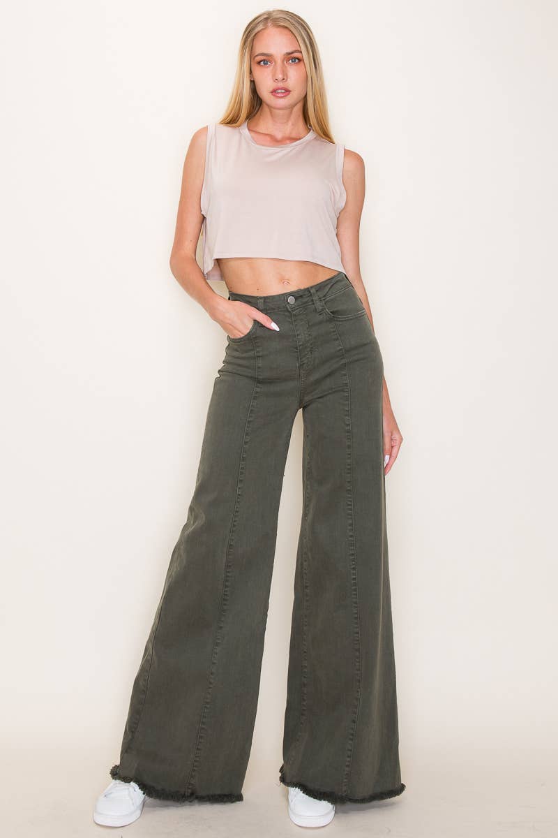 O2 Denim Front Seam Wide-Leg Western Jeans — Army Olive High-Waist Flare with Raw Hem (Made in USA) - Rooted & Reckless Co.