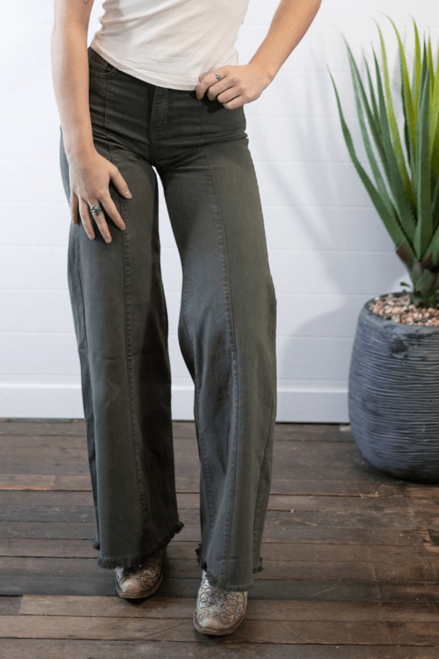 O2 Denim Front Seam Wide-Leg Western Jeans — Army Olive High-Waist Flare with Raw Hem (Made in USA) - Rooted & Reckless Co.