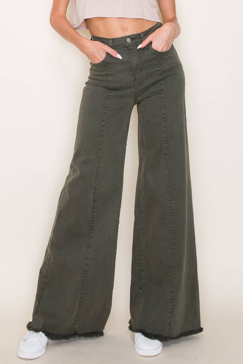 O2 Denim Front Seam Wide-Leg Western Jeans — Army Olive High-Waist Flare with Raw Hem (Made in USA) - Rooted & Reckless Co.
