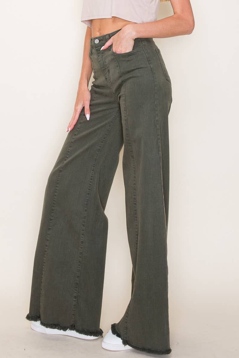 O2 Denim Front Seam Wide-Leg Western Jeans — Army Olive High-Waist Flare with Raw Hem (Made in USA) - Rooted & Reckless Co.