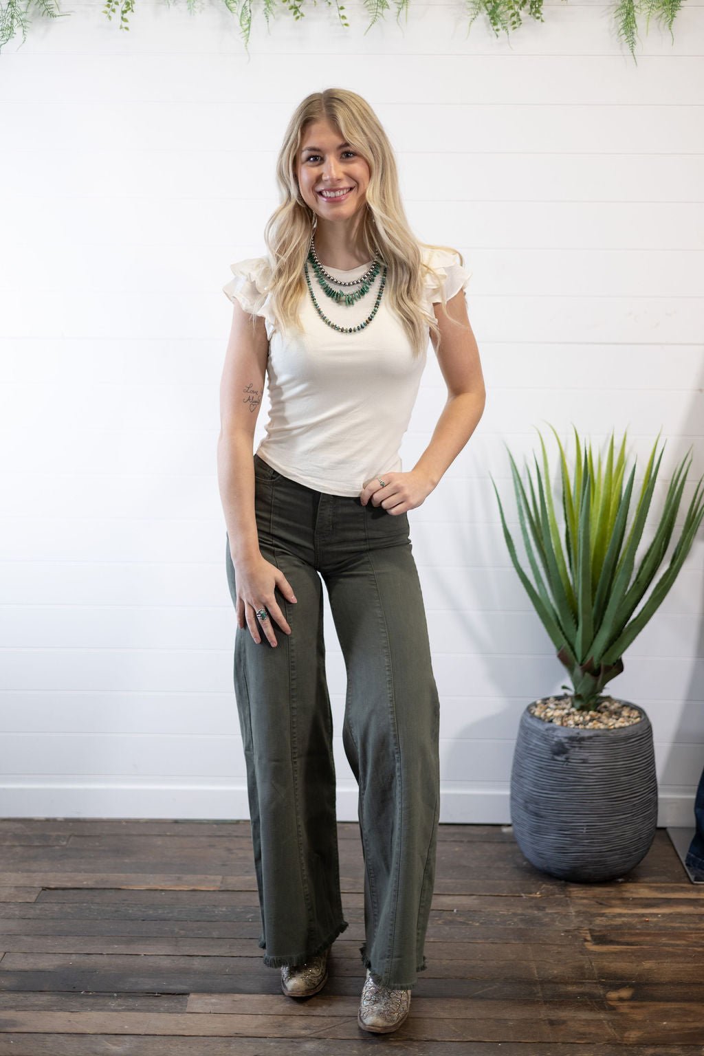 O2 Denim Front Seam Wide-Leg Western Jeans — Army Olive High-Waist Flare with Raw Hem (Made in USA) - Rooted & Reckless Co.