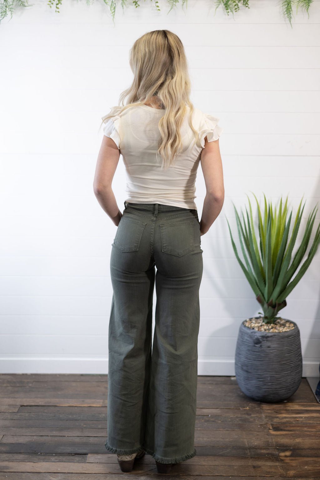 O2 Denim Front Seam Wide-Leg Western Jeans — Army Olive High-Waist Flare with Raw Hem (Made in USA) - Rooted & Reckless Co.