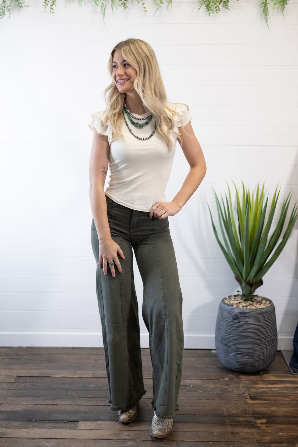 O2 Denim Front Seam Wide-Leg Western Jeans — Army Olive High-Waist Flare with Raw Hem (Made in USA) - Rooted & Reckless Co.