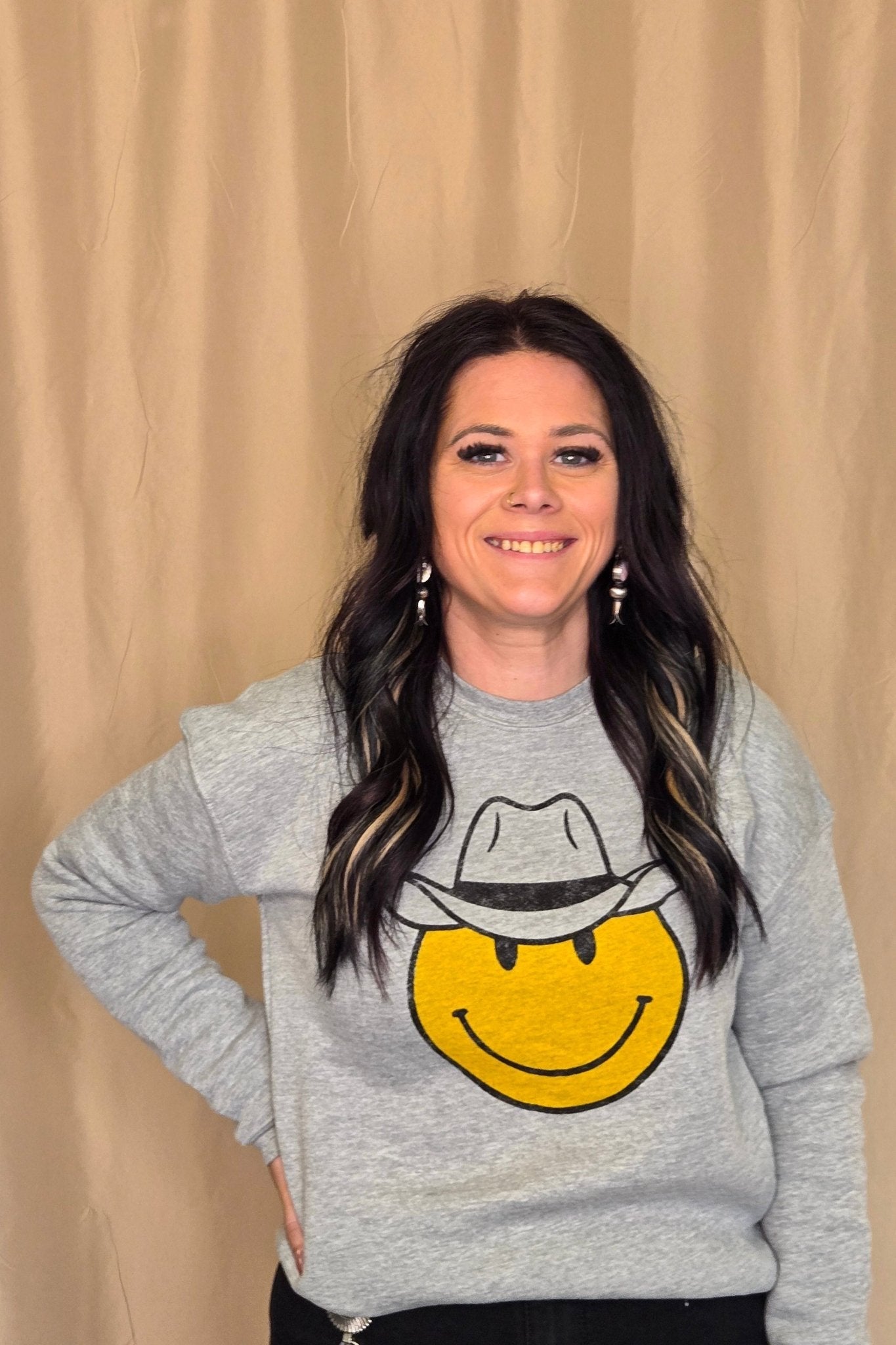 OAT COLLECTIVE "Cowboy Smiley" Western Graphic Sweatshirt — Plush Sponge Fleece with Hand Screenprint - Rooted & Reckless Co.