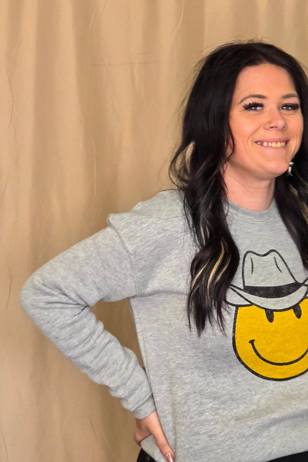 OAT COLLECTIVE "Cowboy Smiley" Western Graphic Sweatshirt — Plush Sponge Fleece with Hand Screenprint - Rooted & Reckless Co.
