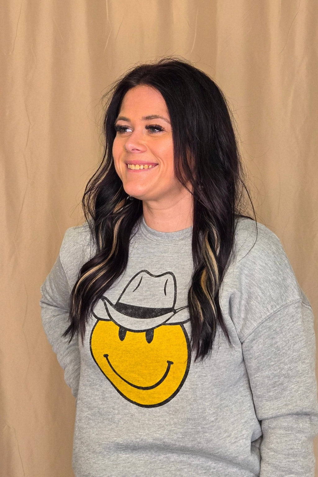 OAT COLLECTIVE "Cowboy Smiley" Western Graphic Sweatshirt — Plush Sponge Fleece with Hand Screenprint - Rooted & Reckless Co.