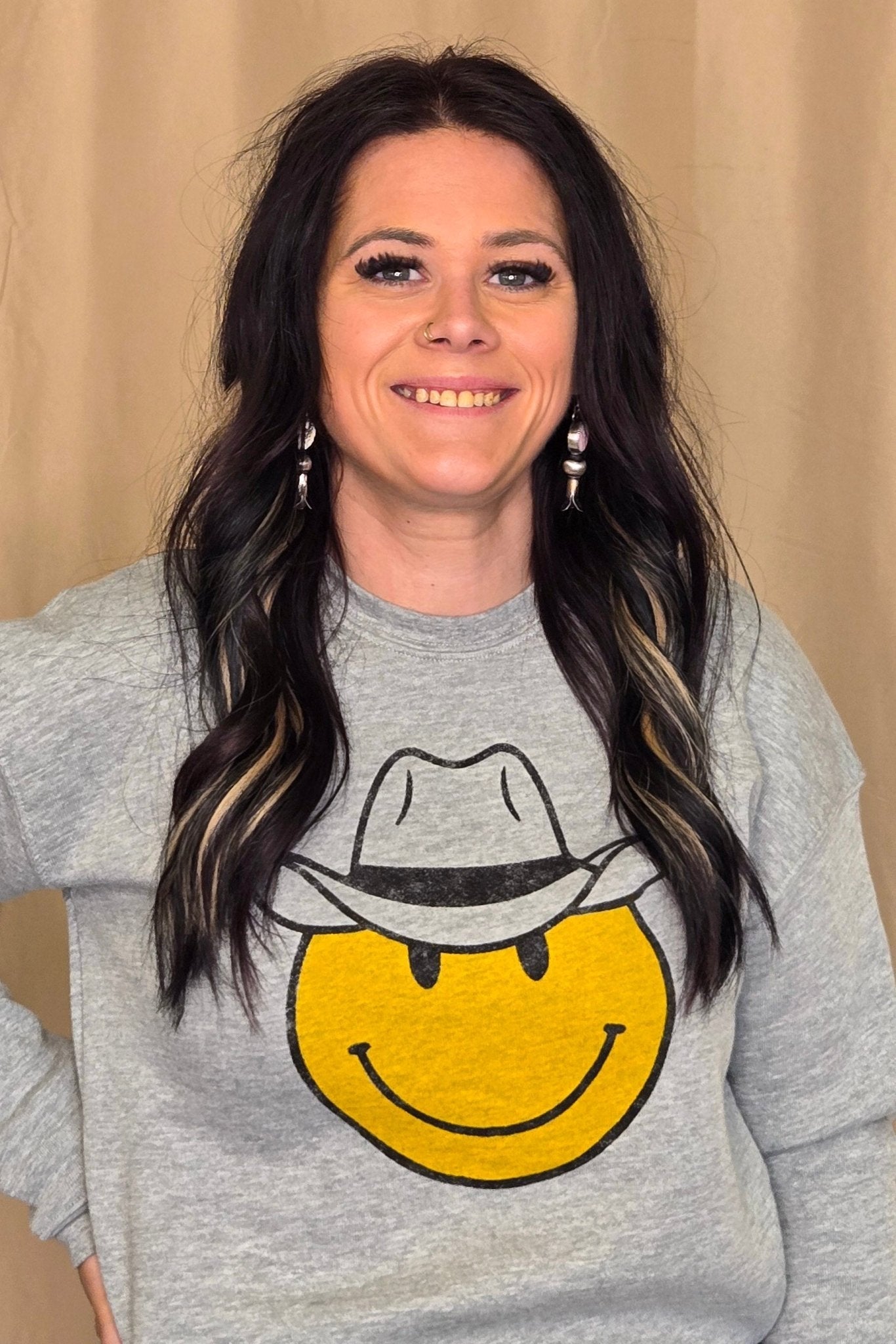 OAT COLLECTIVE "Cowboy Smiley" Western Graphic Sweatshirt — Plush Sponge Fleece with Hand Screenprint - Rooted & Reckless Co.