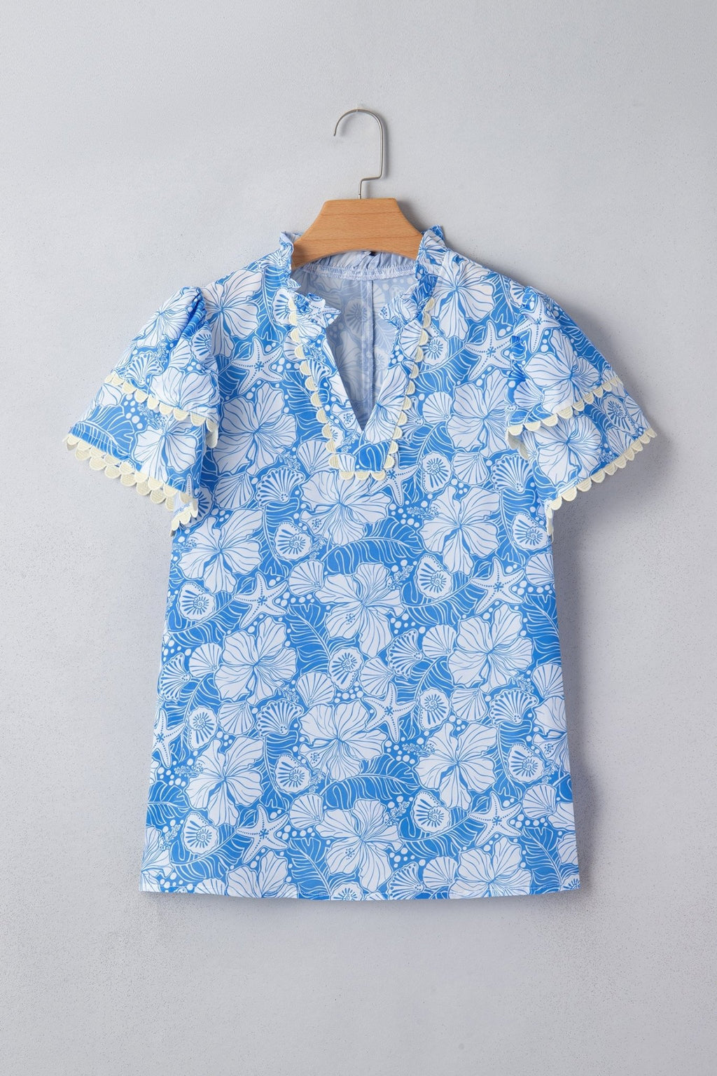 Oceanic Floral Scalloped Trim V-Neck Short Sleeve Blouse - Rooted & Reckless Co.