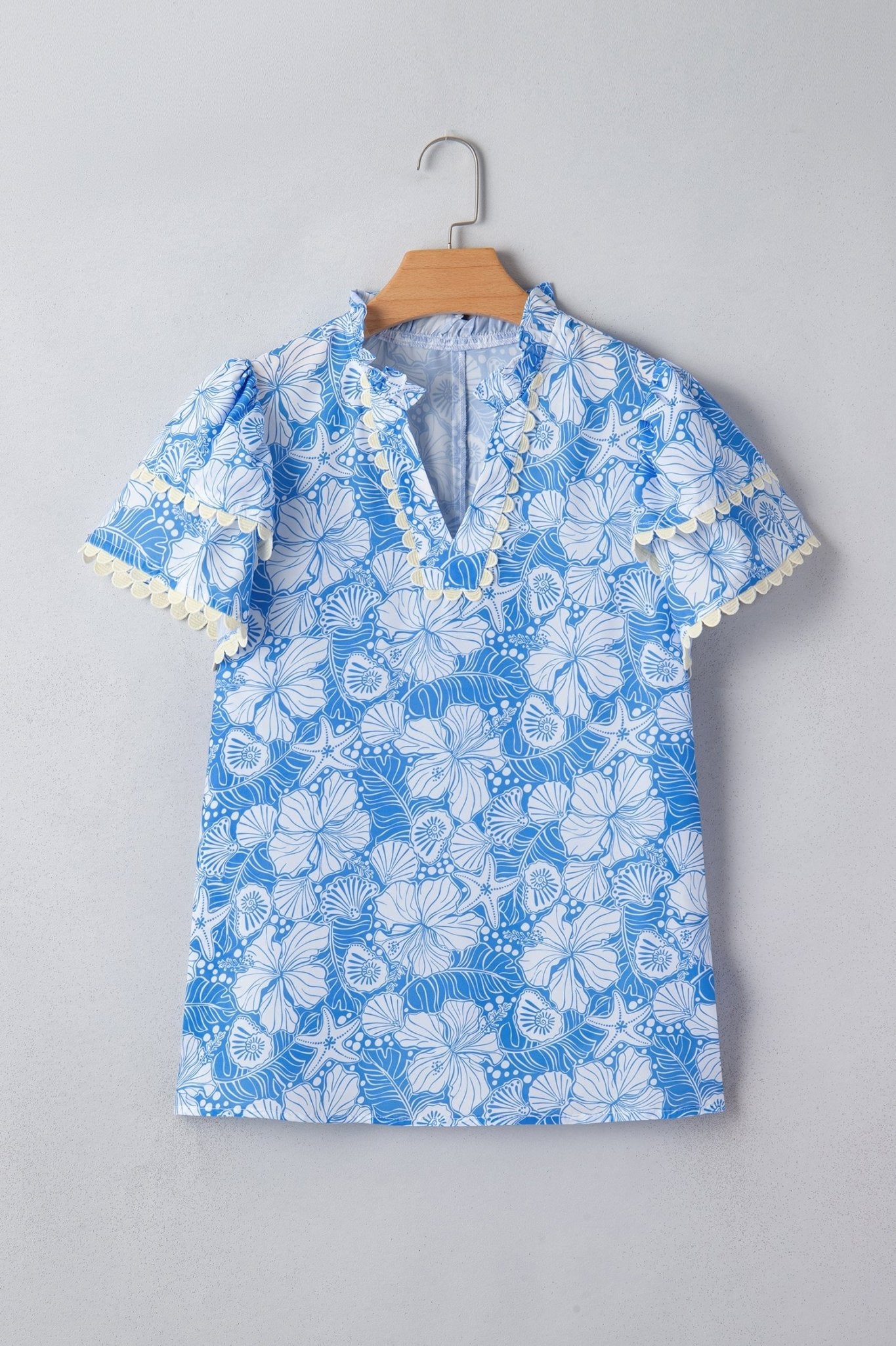 Oceanic Floral Scalloped Trim V-Neck Short Sleeve Blouse - Rooted & Reckless Co.