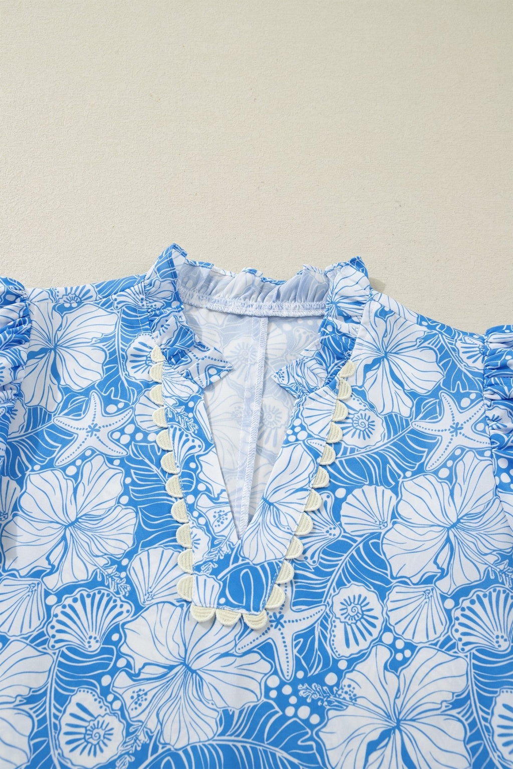 Oceanic Floral Scalloped Trim V-Neck Short Sleeve Blouse - Rooted & Reckless Co.