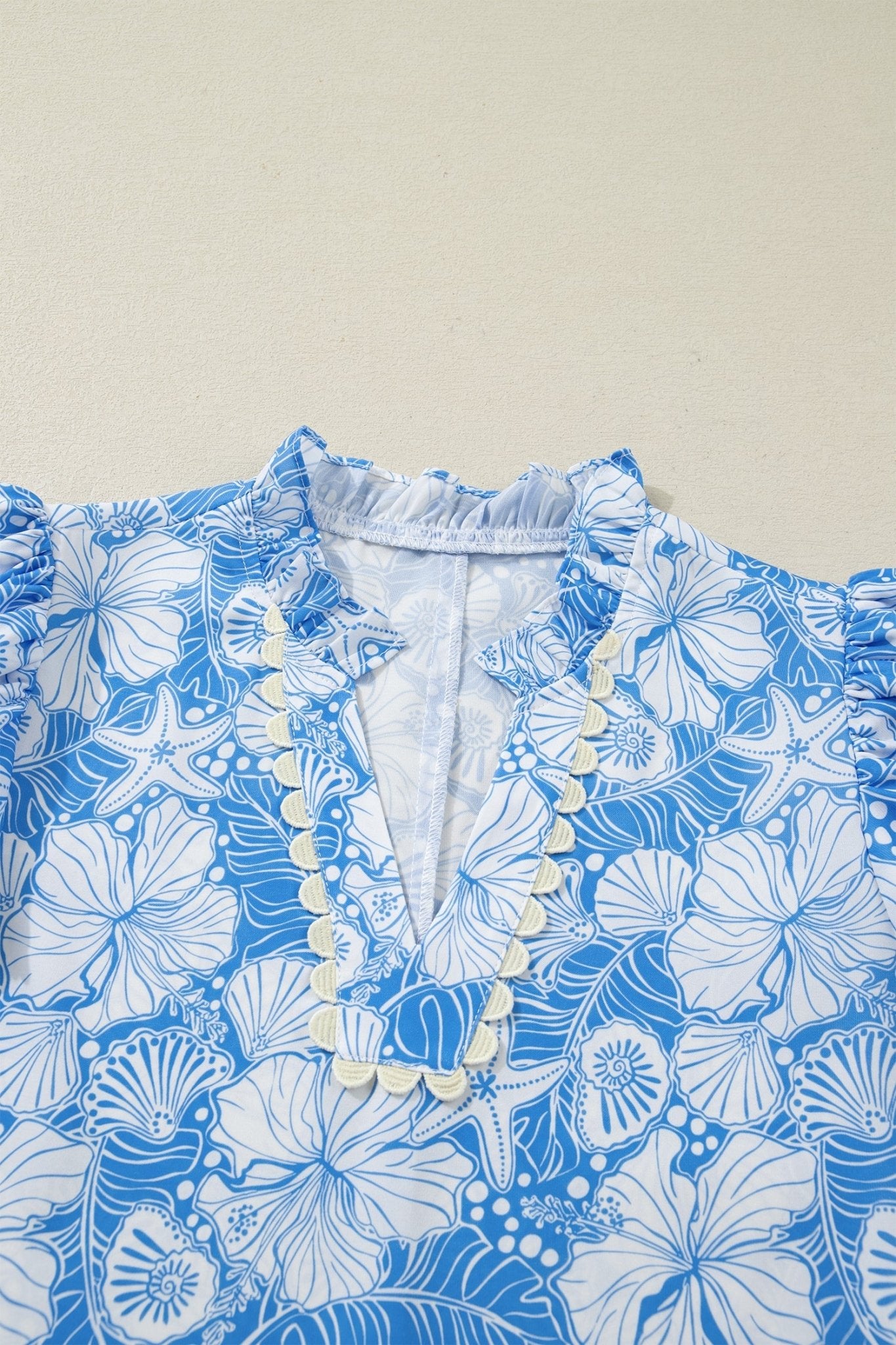 Oceanic Floral Scalloped Trim V-Neck Short Sleeve Blouse - Rooted & Reckless Co.