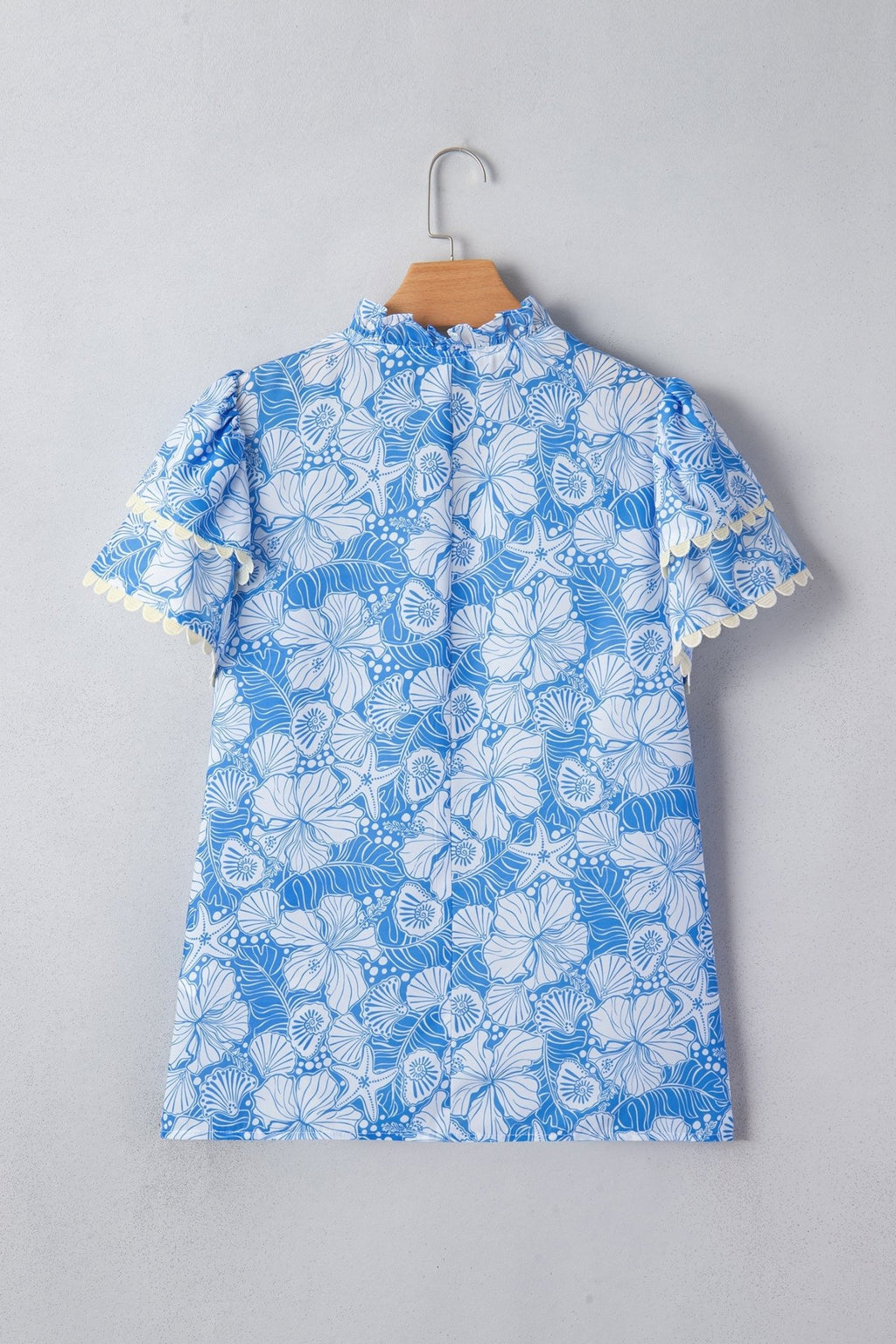 Oceanic Floral Scalloped Trim V-Neck Short Sleeve Blouse - Rooted & Reckless Co.