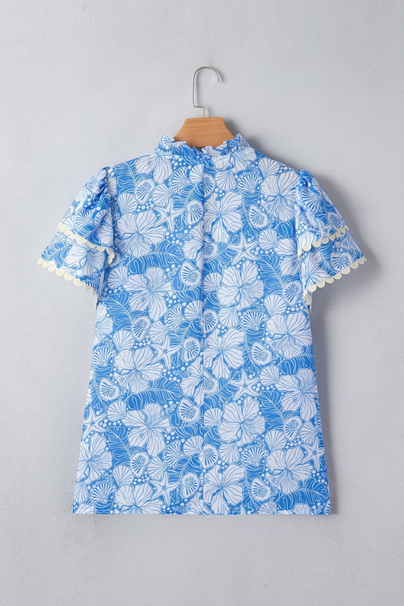 Oceanic Floral Scalloped Trim V-Neck Short Sleeve Blouse - Rooted & Reckless Co.