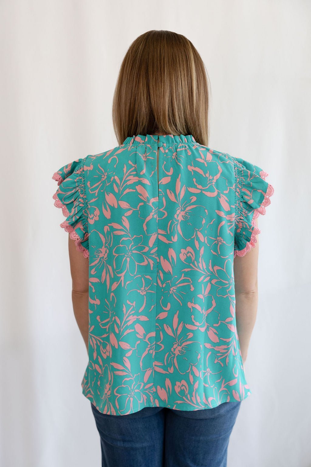 Oddi "Cotton Candy" Lace Trim Flutter Sleeve Western Top — Turquoise & Candy Pink Print with Button Neck - Rooted & Reckless Co.