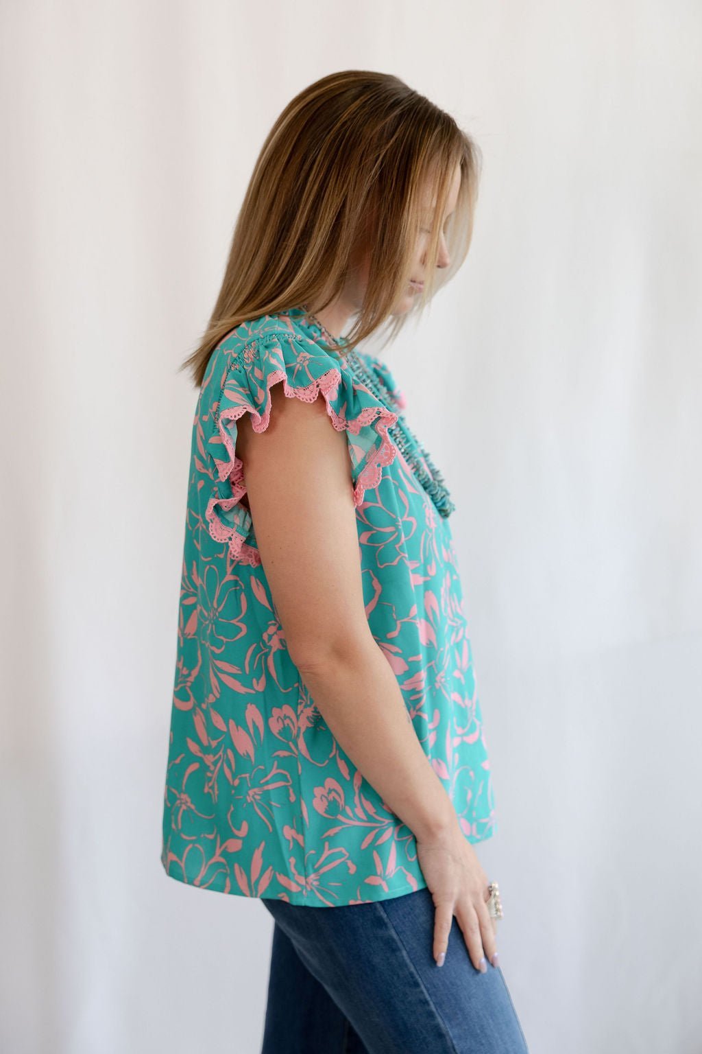 Oddi "Cotton Candy" Lace Trim Flutter Sleeve Western Top — Turquoise & Candy Pink Print with Button Neck - Rooted & Reckless Co.