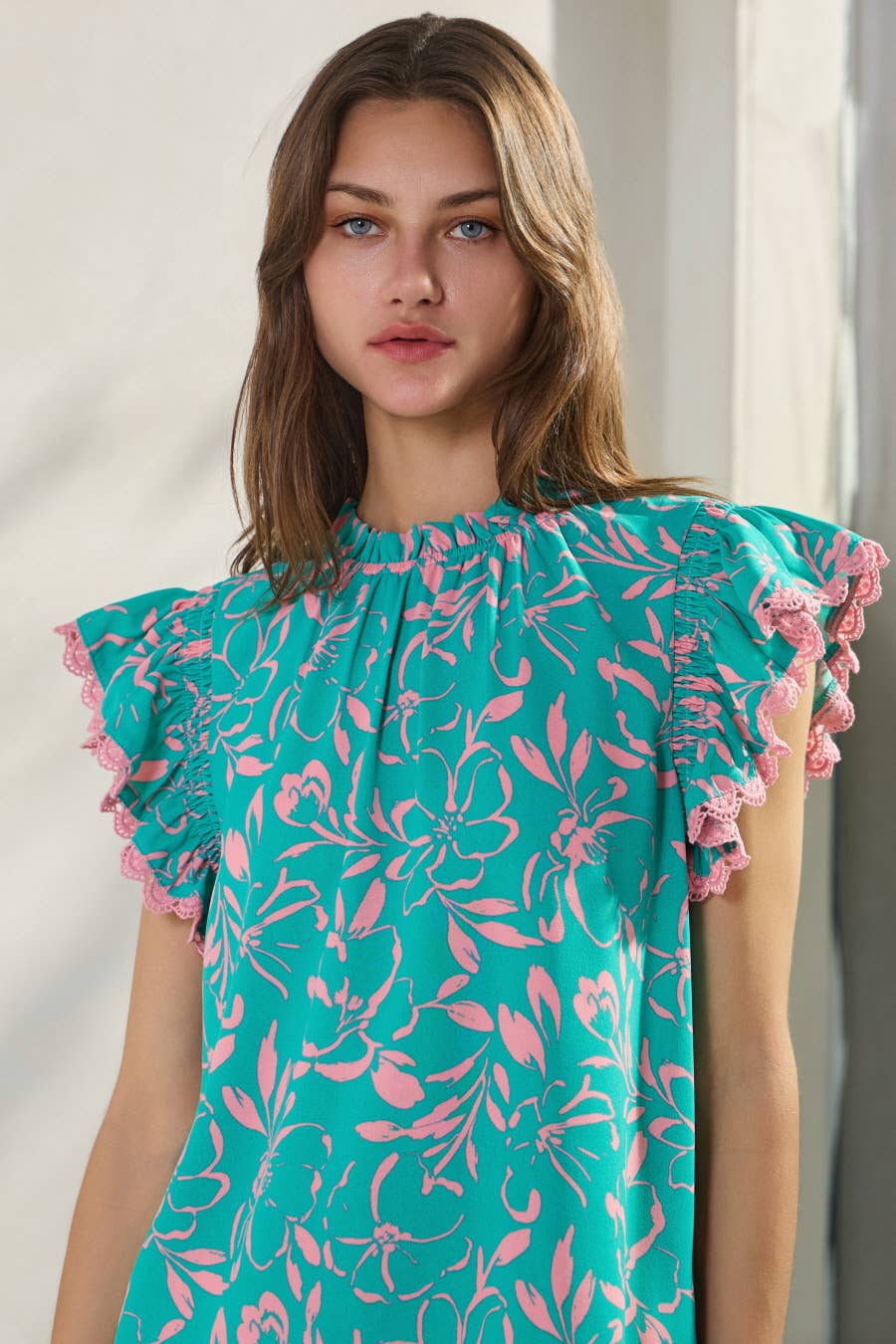 Oddi "Cotton Candy" Lace Trim Flutter Sleeve Western Top — Turquoise & Candy Pink Print with Button Neck - Rooted & Reckless Co.