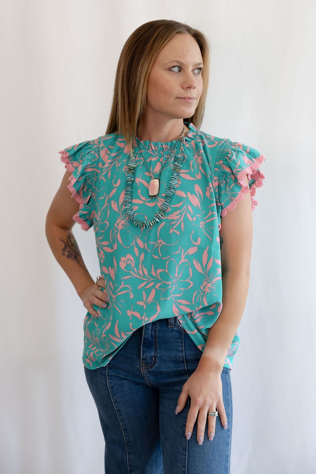 Oddi "Cotton Candy" Lace Trim Flutter Sleeve Western Top — Turquoise & Candy Pink Print with Button Neck - Rooted & Reckless Co.