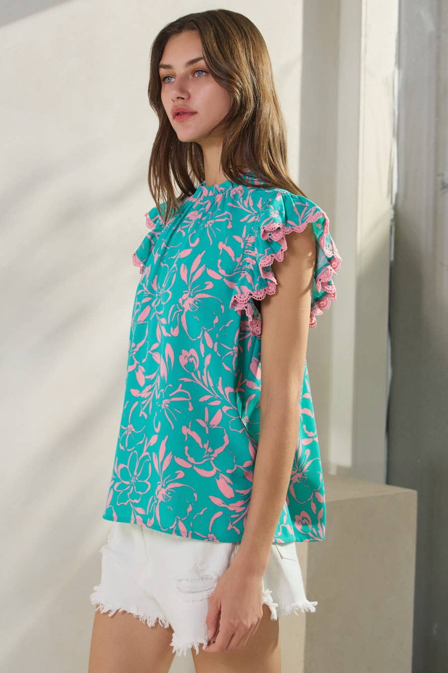 Oddi "Cotton Candy" Lace Trim Flutter Sleeve Western Top — Turquoise & Candy Pink Print with Button Neck - Rooted & Reckless Co.