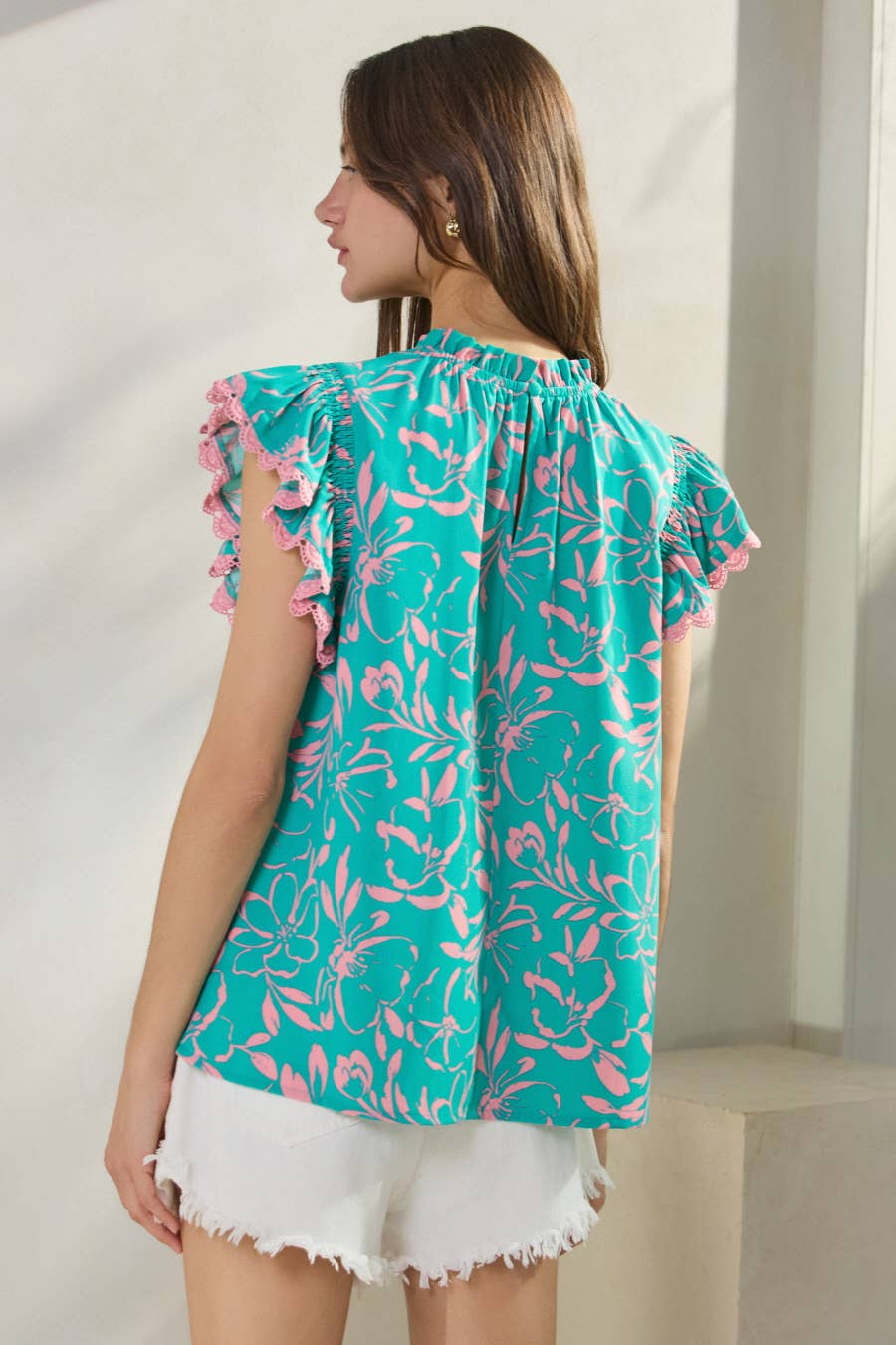 Oddi "Cotton Candy" Lace Trim Flutter Sleeve Western Top — Turquoise & Candy Pink Print with Button Neck - Rooted & Reckless Co.