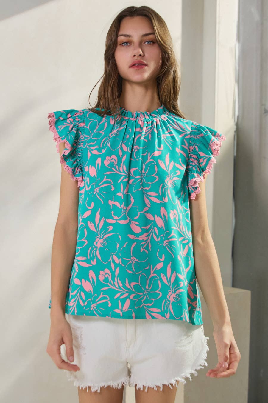 Oddi "Cotton Candy" Lace Trim Flutter Sleeve Western Top — Turquoise & Candy Pink Print with Button Neck - Rooted & Reckless Co.