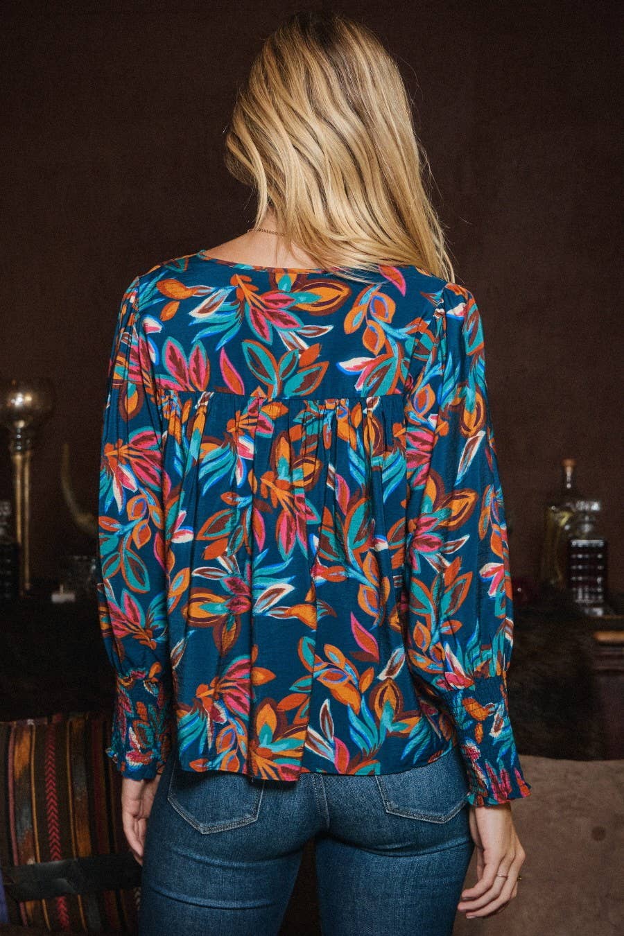 Oddi Leaf Printed Long Sleeve Western Blouse — Tie Front Neck with Ruffled Yoke (Small remaining) - Rooted & Reckless Co.