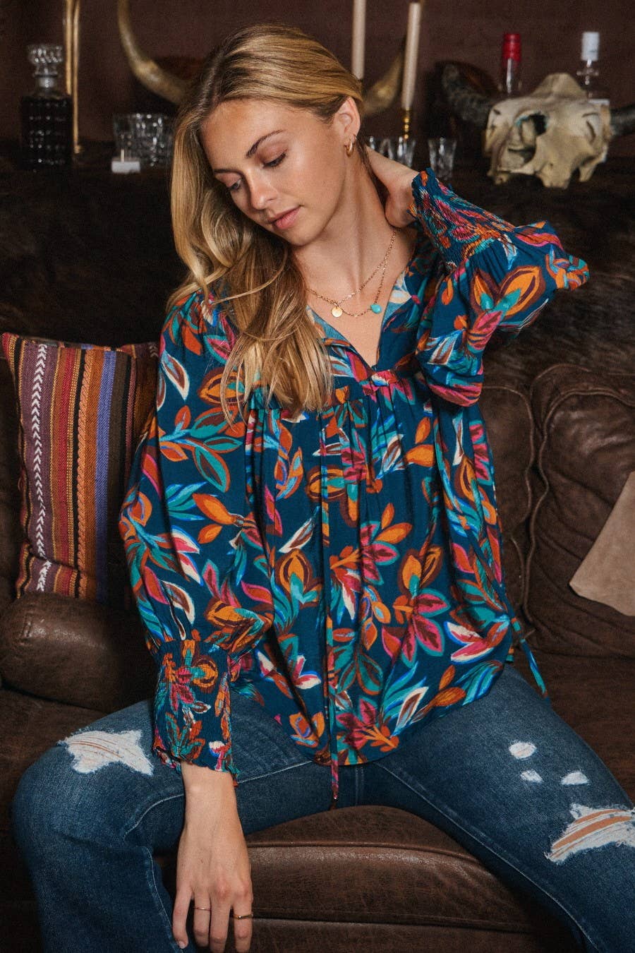 Oddi Leaf Printed Long Sleeve Western Blouse — Tie Front Neck with Ruffled Yoke (Small remaining) - Rooted & Reckless Co.