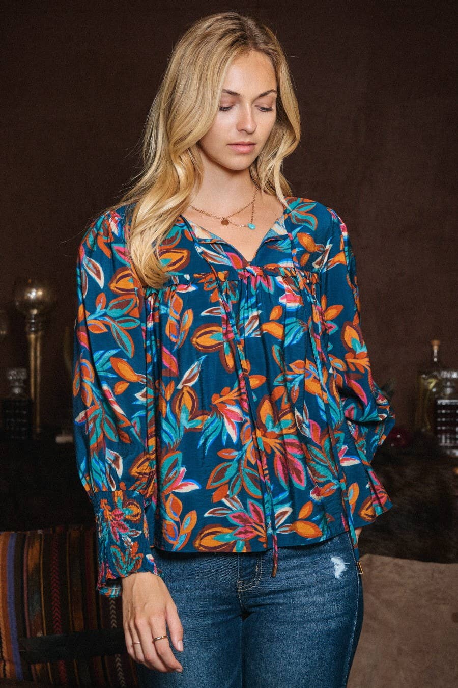 Oddi Leaf Printed Long Sleeve Western Blouse — Tie Front Neck with Ruffled Yoke (Small remaining) - Rooted & Reckless Co.
