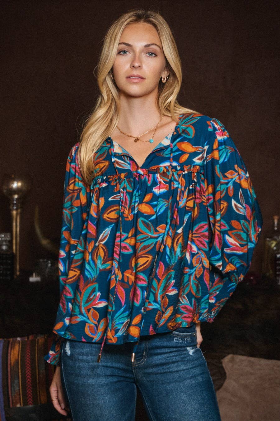 Oddi Leaf Printed Long Sleeve Western Blouse — Tie Front Neck with Ruffled Yoke (Small remaining) - Rooted & Reckless Co.