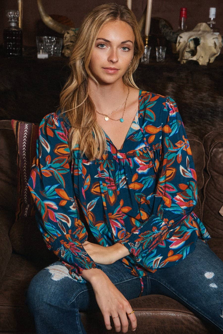 Oddi Leaf Printed Long Sleeve Western Blouse — Tie Front Neck with Ruffled Yoke (Small remaining) - Rooted & Reckless Co.