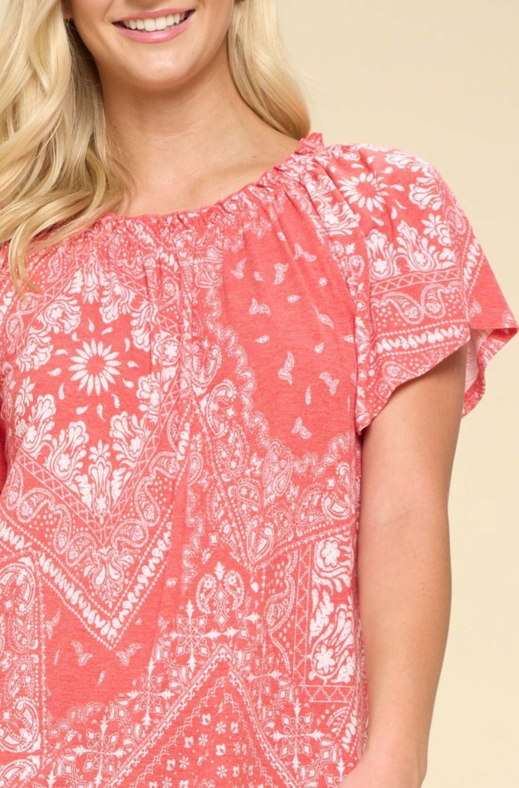 Oddi Paisley Printed Boat Neckline Western Top — Ruffled Short Dolman Sleeves Feminine Layering Piece - Rooted & Reckless Co.
