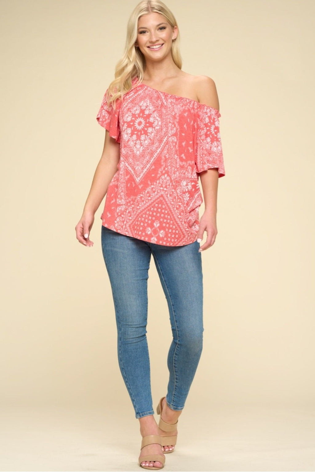 Oddi Paisley Printed Boat Neckline Western Top — Ruffled Short Dolman Sleeves Feminine Layering Piece - Rooted & Reckless Co.