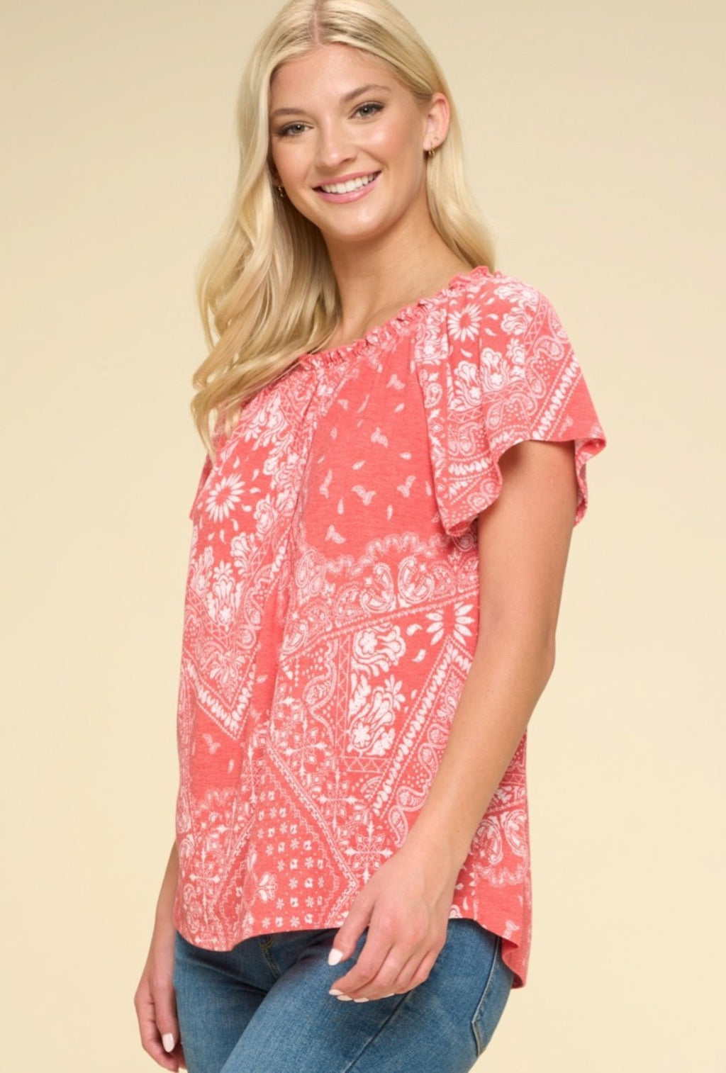 Oddi Paisley Printed Boat Neckline Western Top — Ruffled Short Dolman Sleeves Feminine Layering Piece - Rooted & Reckless Co.