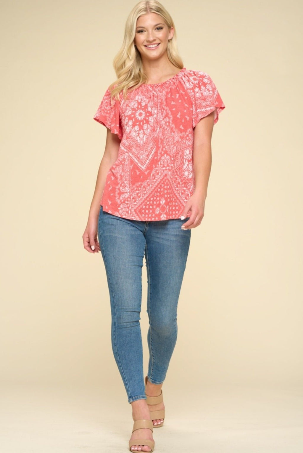 Oddi Paisley Printed Boat Neckline Western Top — Ruffled Short Dolman Sleeves Feminine Layering Piece - Rooted & Reckless Co.
