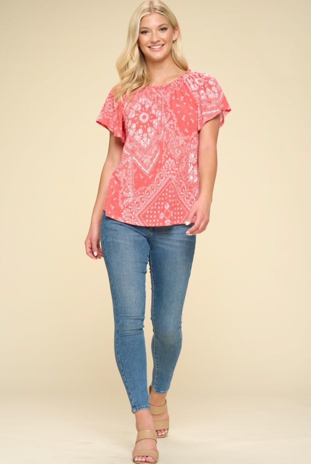 Oddi Paisley Printed Boat Neckline Western Top — Ruffled Short Dolman Sleeves Feminine Layering Piece - Rooted & Reckless Co.