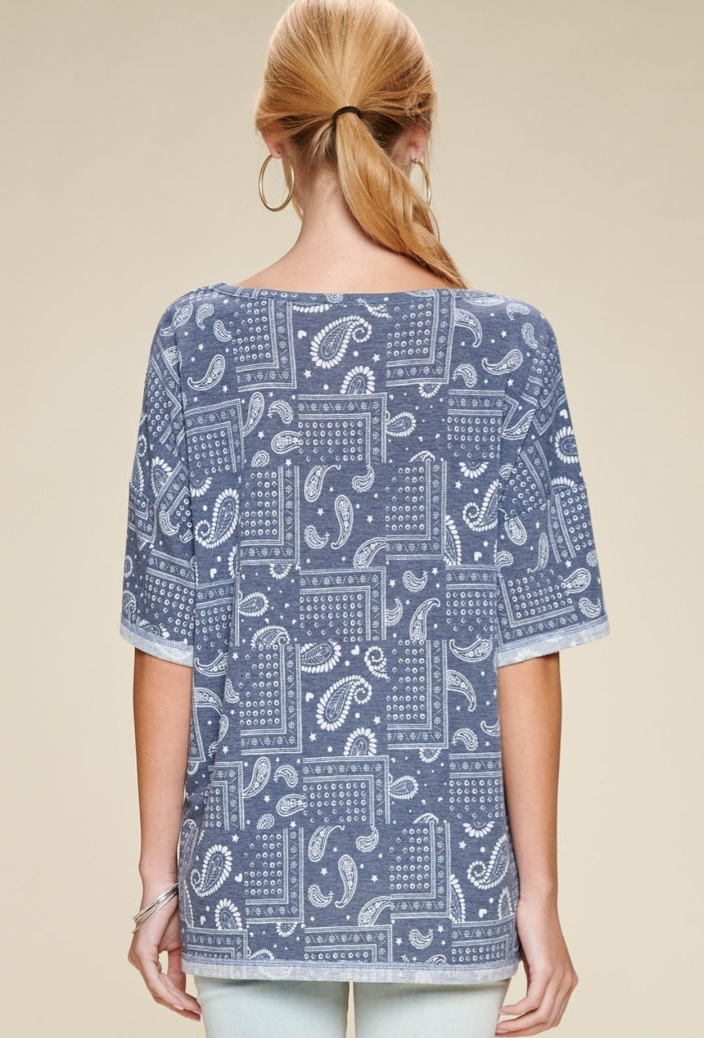 Oddi Paisley Printed French Terry Knit Western Top — Dark Navy V-Neck with Hi-Low Hem - Rooted & Reckless Co.