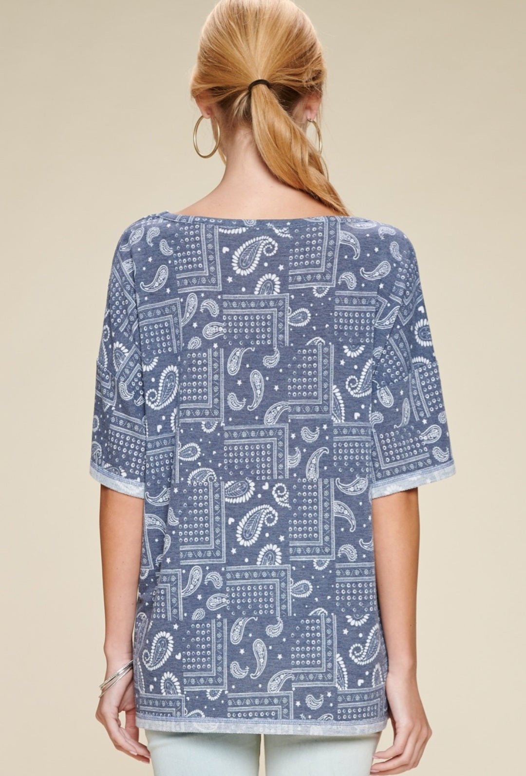 Oddi Paisley Printed French Terry Knit Western Top — Dark Navy V-Neck with Hi-Low Hem - Rooted & Reckless Co.